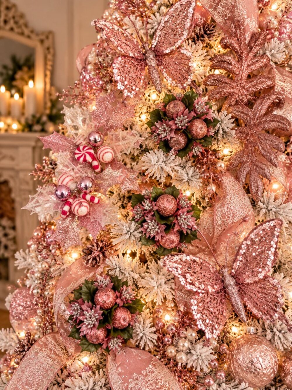 Pink Rose Gold Christmas Tree Décor Lot – Butterflies, Candy Clips & Glitter Pic